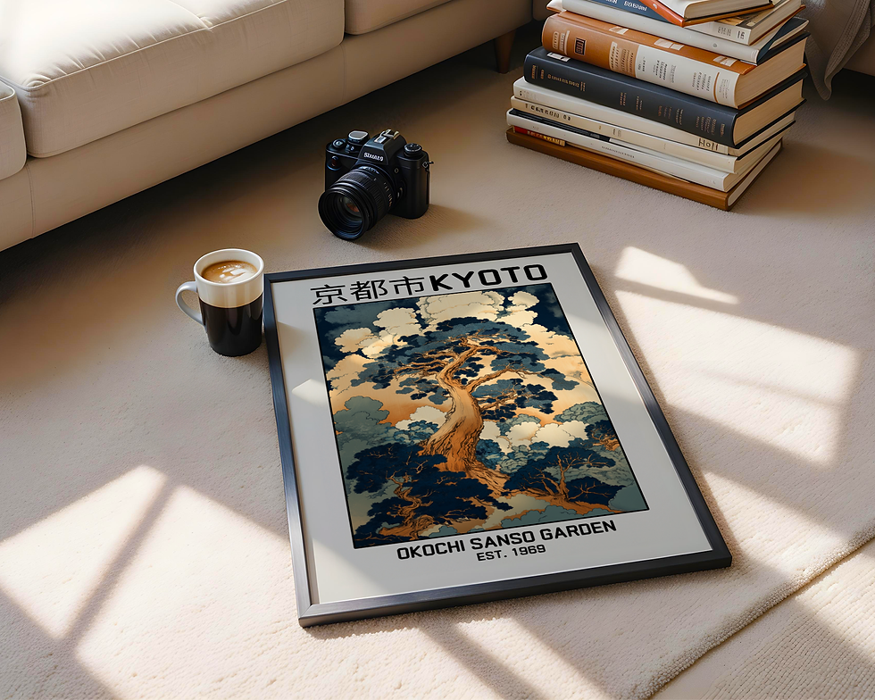 Traditionelles Bild von Kyoto Garden neben einem gemütlichen Bett. Poster von Koi and Waves.