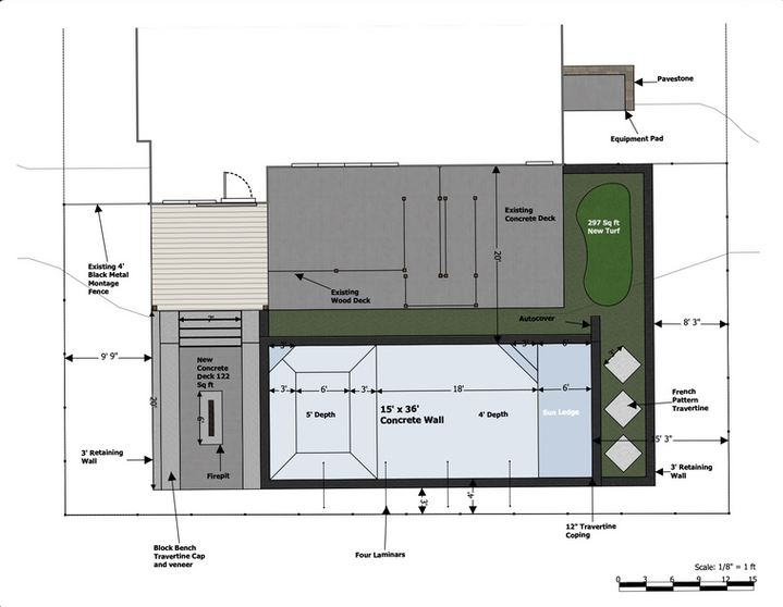 Mock-up of a custom swimming pool design featuring a modern, sleek look with built-in water features and spacious lounging.