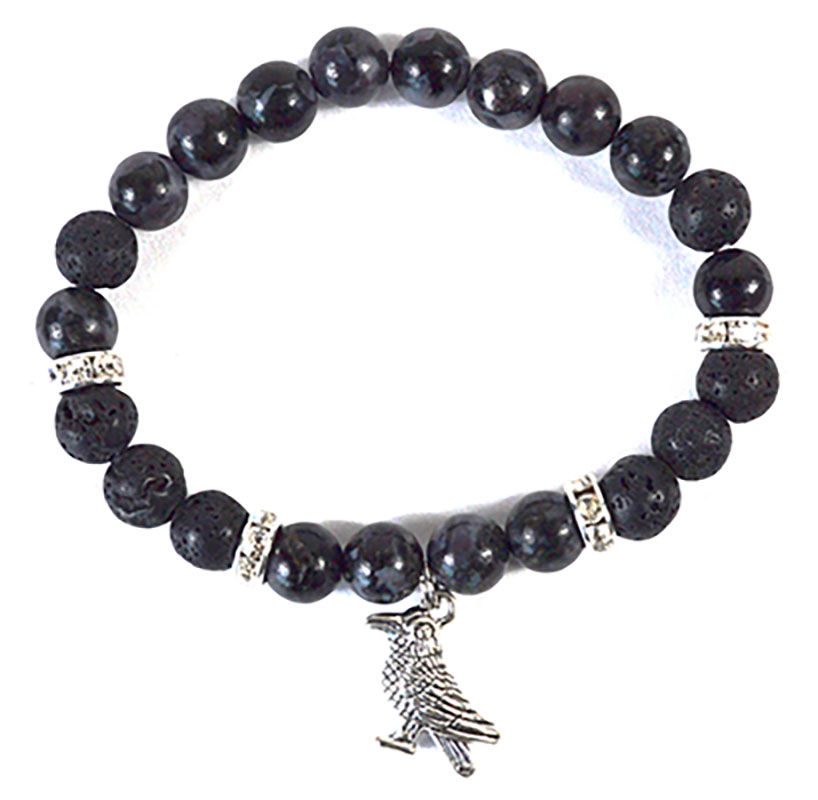 8mm Indigo Gabbro & Lava bracelet with silver Raven charm