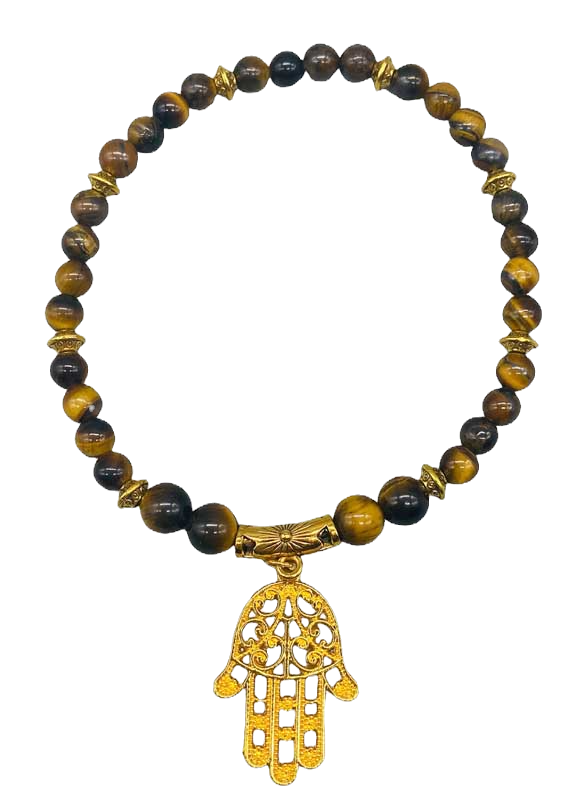 Tiger Eye beaded anklet with gold Hamsa Hand charm and spacers