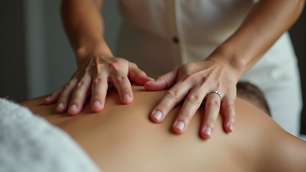 Close-up view of a massage therapist’s hands applying gentle pressure on a client’s back