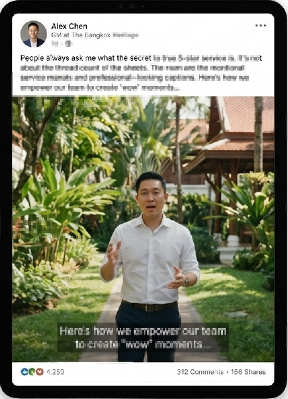 Man in a white shirt speaks energetically in a lush garden with tropical plants and a wooden building. Text: "Here's how we empower our team..."