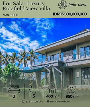 Luxury Villa Ricefield view for sale in Mas, Ubud
