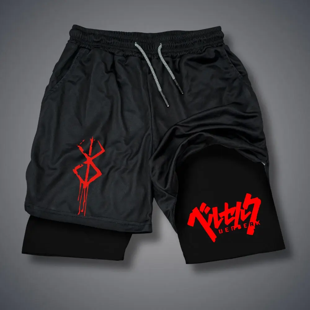 2 in 1 Anime Berserk Compression Shorts for Men Gym Workout Shorts