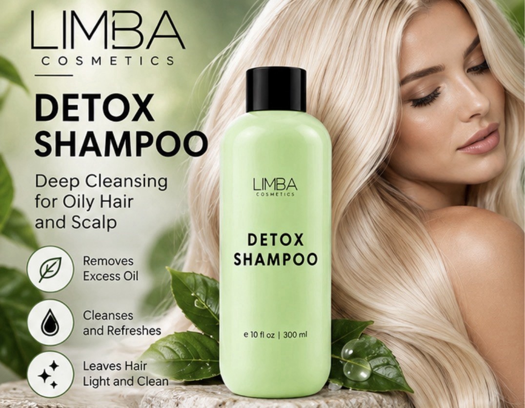 Limba Detox Shampoo promotional image with bottle and cleansing information