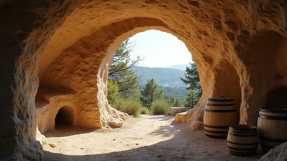 Vue rapprochée d’une cave avec des fûts en bois au domaine des Chaffangeons