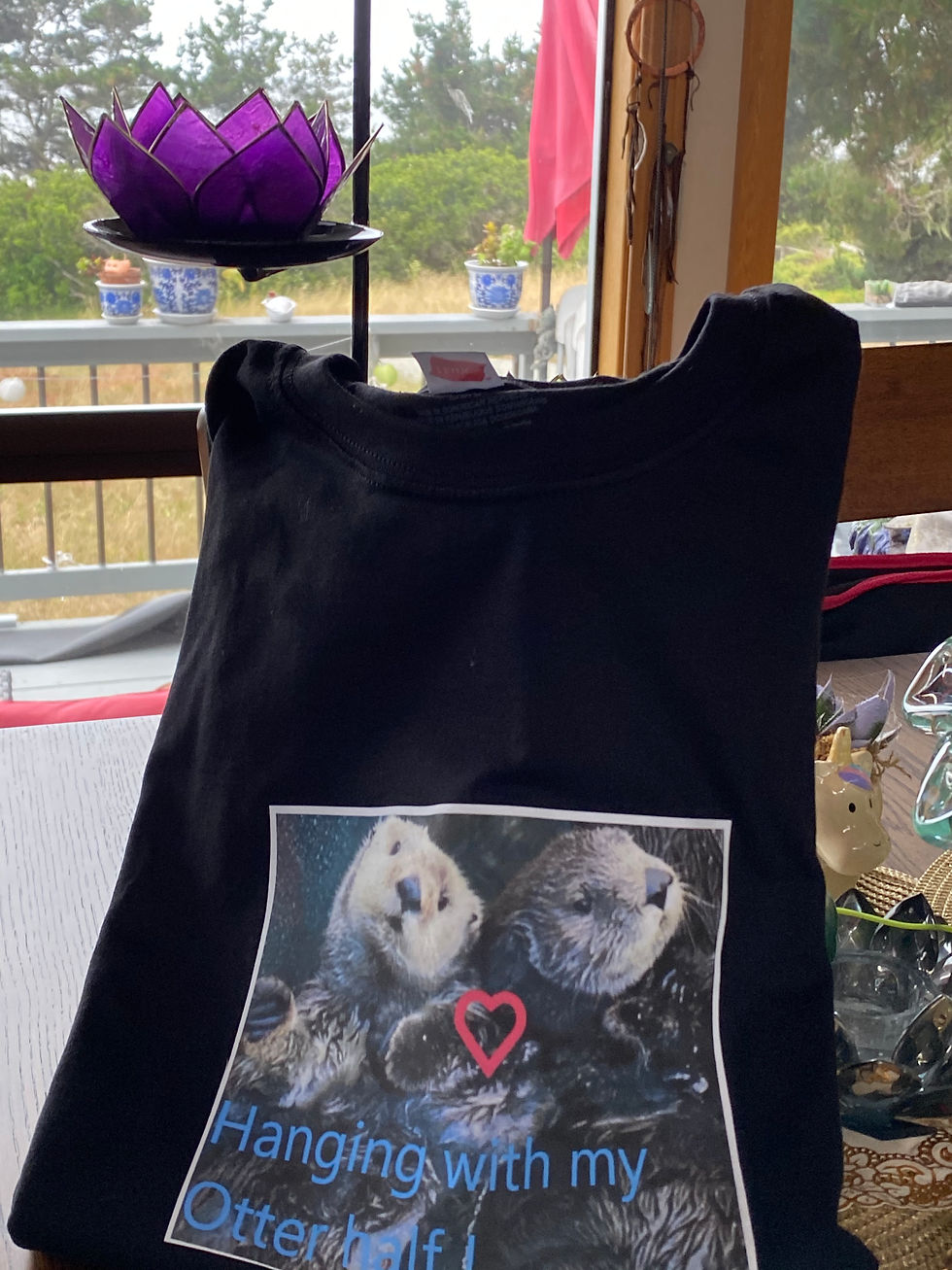 Black t-shirt with two sea otters holding hands, pink heart