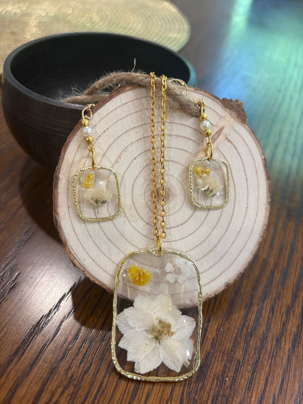 Thumbnail: Gold floral resin necklace and matching earrings