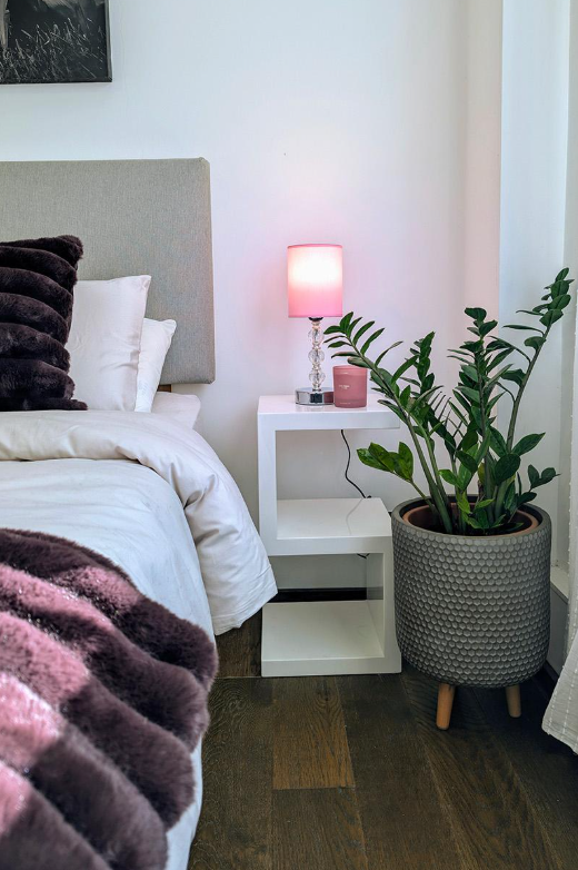 Styled bedside table with decorative lamp and houseplant in the completed guest bedroom.