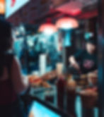 Woman ordering food at a vibrant night market street stall
