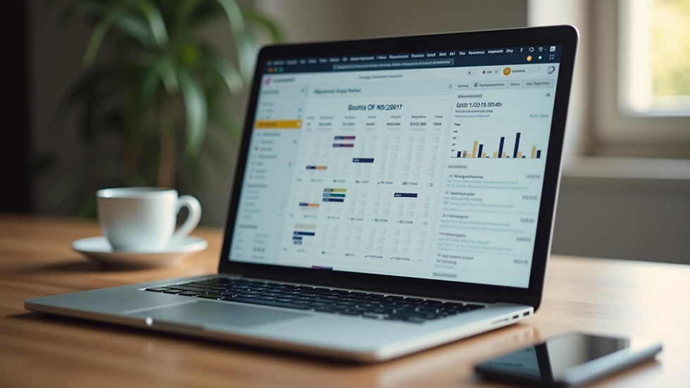 Close-up view of a laptop screen displaying a content calendar and marketing metrics