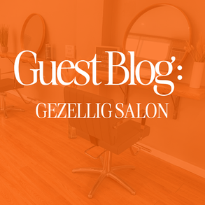 Salon interior with mirrors, chairs, and shelf on an orange background. White text overlay reads "Guest Blog: Gezellig Salon."