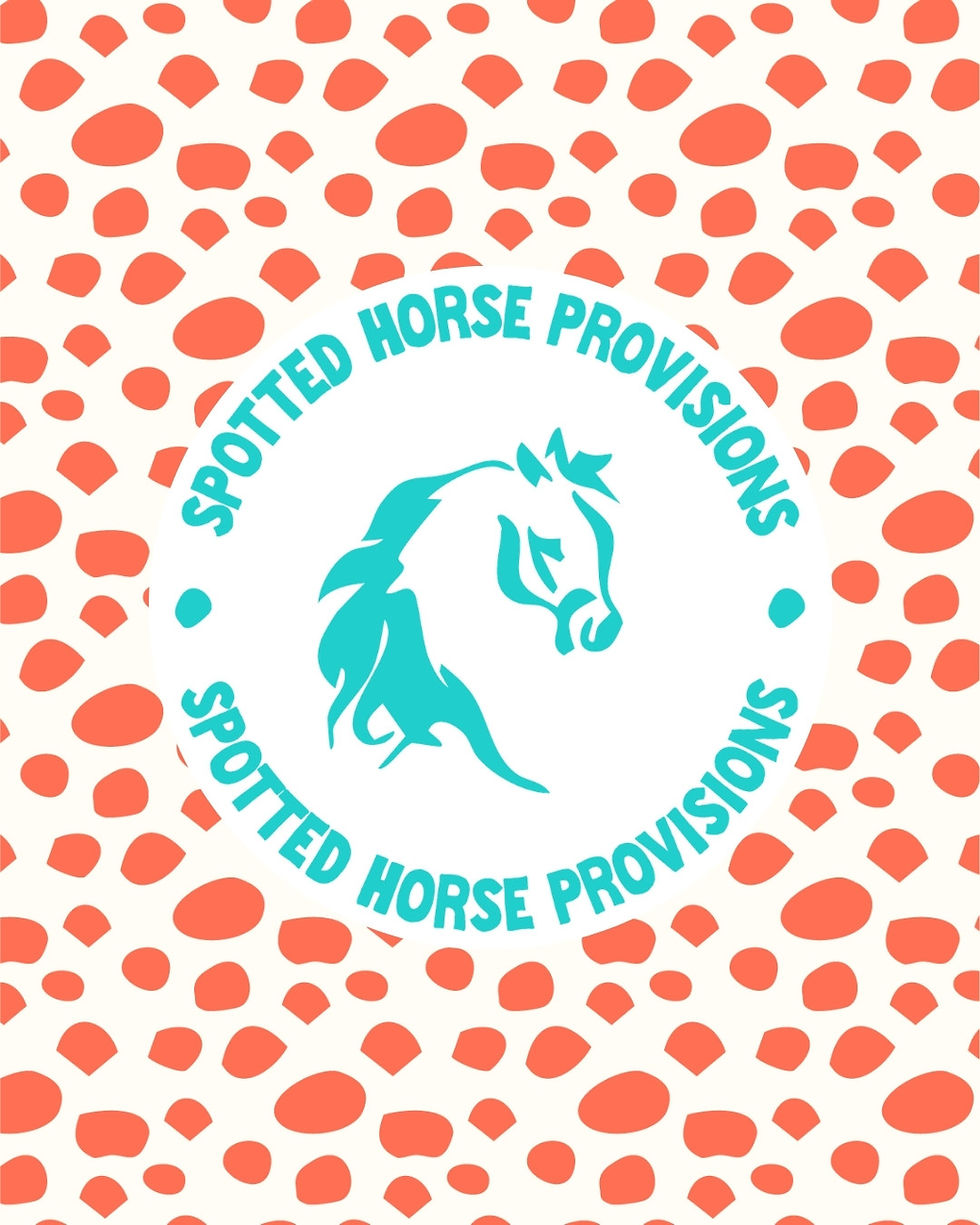 Teal horse logo in a white circle with Spotted Horse Provisions text, over a coral-orange spotted pattern background.