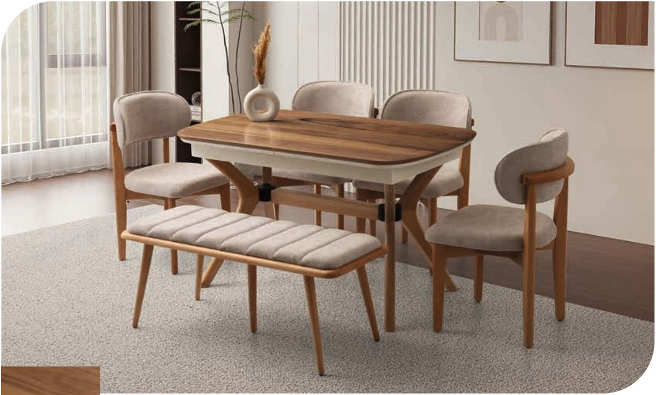 Çınar Masa Takımı - Valencia - Natural Ahşap / Nergis + Bench (3475)