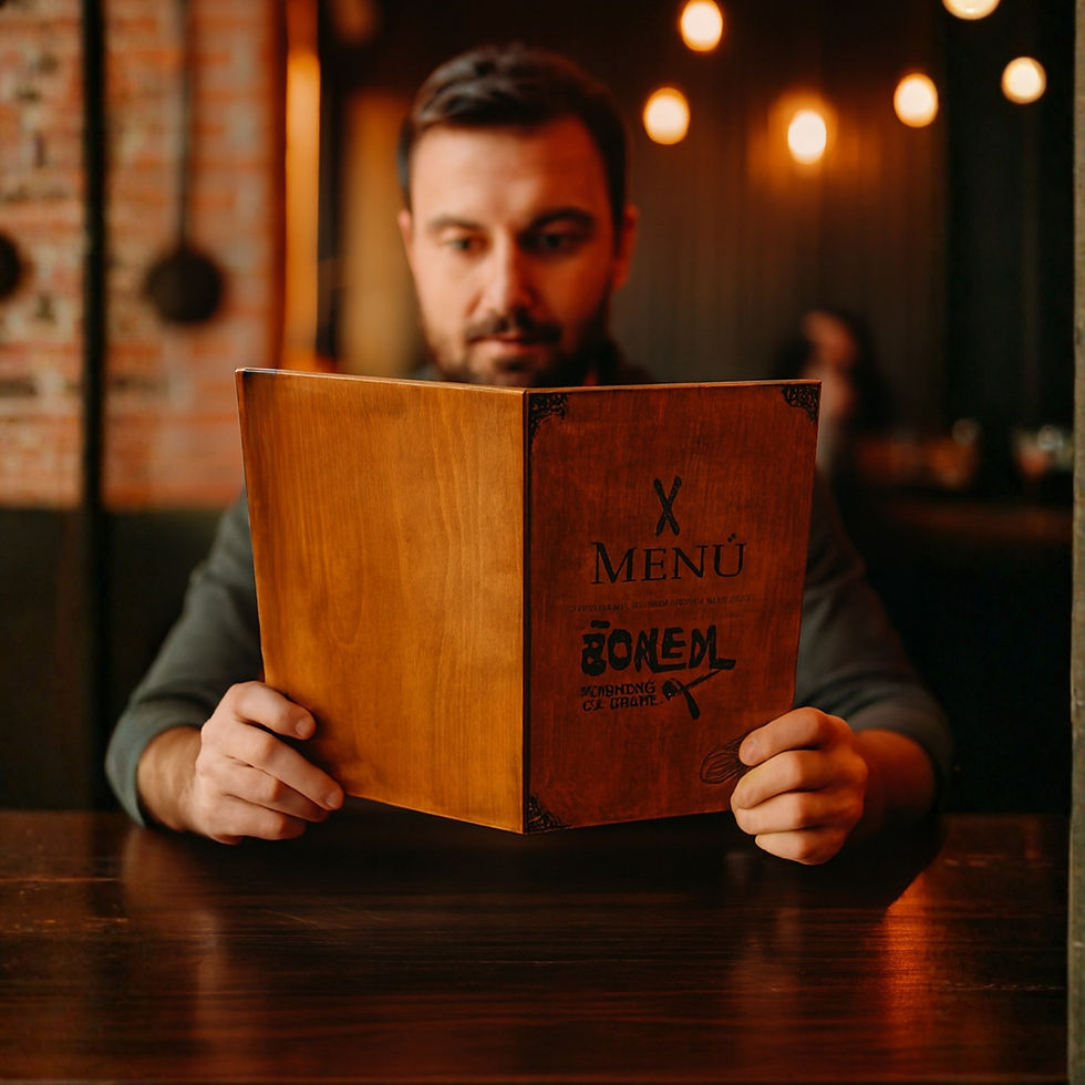 Miniaturbild: Speisekarte aus Holz für Café & Bistro, handgefertigtes rustikales Design, erhältlich in den Größen A4-A5.