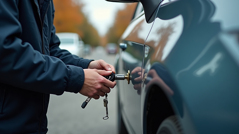 Eye-level view of a locksmith working on a car door lock outdoors