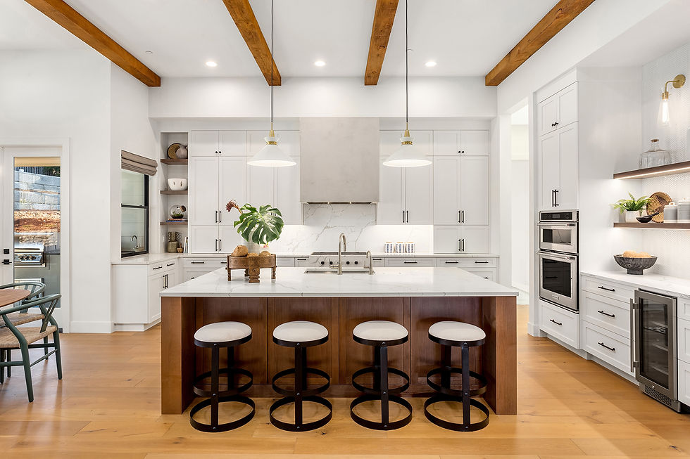 White Shaker Kitchen with Warm Wood Cabinet Accent Island