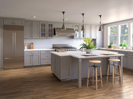 RTA Cabinets - Natural Grey Shaker Kitchen Cabinets - Natural Grey Shaker Bathroom Cabinets - Eco-Friendly Sustainable Hardwood Grey Kitchen Cabinets with Clean Shaker Style  & Textured Finish - Matching Vanity Cabinets Available - Solid Wood Prefab Cabinets - Eco friendly meets trendy.  Feel good about your kitchen cabinets with the Natural Grey Shaker sustainable cabinet option.  These FSC Certified Cabinets feature the use of eucalyptus grandis, a sustainable hardwood.  The unique texture of these cabinet doors feature a deep wood grain that adds visual interest to the lovely light grey cabinet color.  When you factor in the quality wood cabinet construction, dovetail drawer design, soft-close doors and drawers, and full overlay cabinet style, these truly are a remarkable cabinet choice.