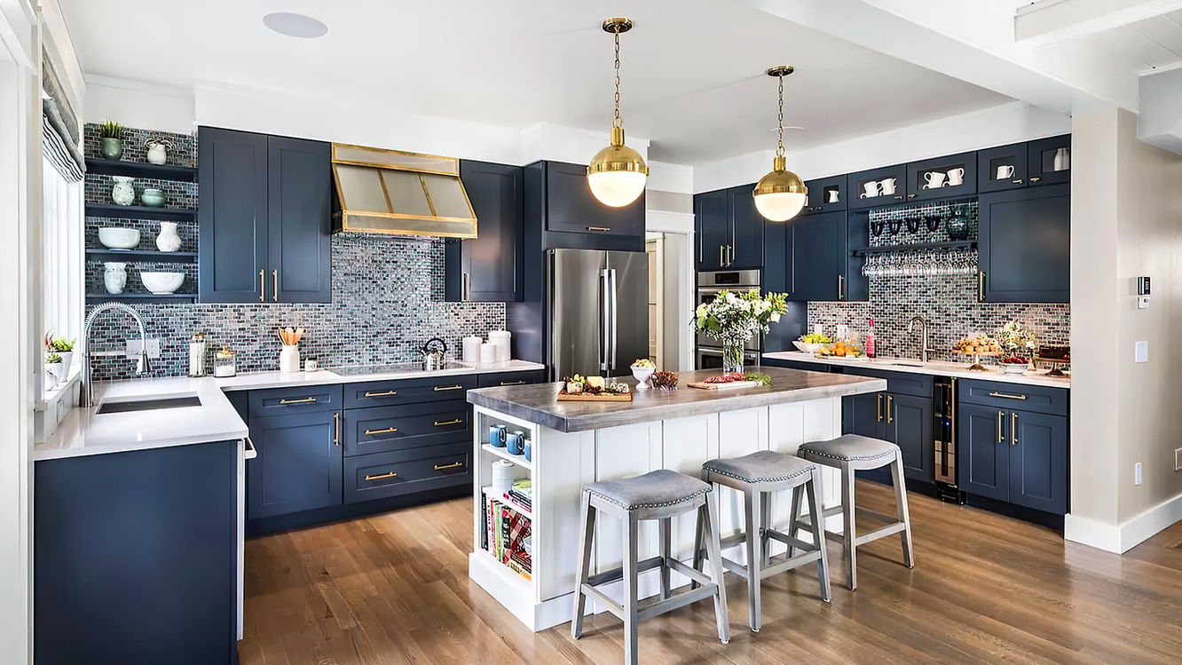 Dark Blue Shaker RTA Kitchen Cabinets in a Large U-Shaped Kitchen with White Shaker Kitchen Island