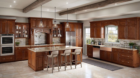 These Traditional Charleston Door Style Kitchen Cabinets Feature a Medium Dark Walnut Brown Stain Over a Raised Panel Door Profile.  These Quality All Wood Quick Ship Cabinets have Soft Close Features, Dovetail Drawers, and Solid Wood Cabinet Boxes - Ready to Ship in About 3 Days.