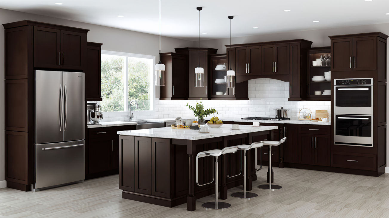 Sierra Java Shaker RTA Kitchen Cabinets - Dark Espresso Stained Wood Cabinets in Large Kitchen with White Countertops and Center Island with Seating