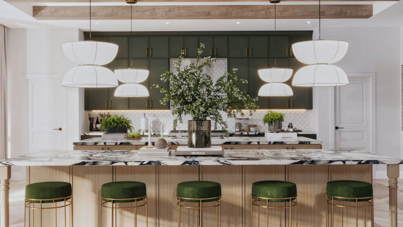 Dark Green Slim Shaker Cabinets in a Large Kitchen with a Natural White Oak Slim Shaker Kitchen Island. Get these Popular Cabinets in RTA (Ready-to-Assemble) Options or Have Them Shipped Fully Assembled and Ready for Installation.