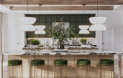 Dark Green Slim Shaker Cabinets Complement Traditional, Contemporary, and Modern Spaces. Create Unique and Trendy Spaces Including All Green Cabinetry Designs or Two-Toned Cabinet Layout with Off-White or White Oak Slim Shaker Styles.