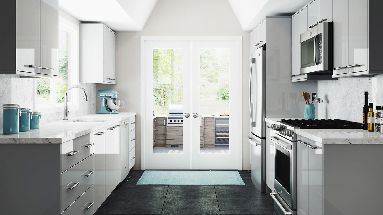 Galley Style Kitchen Featuring the Newport Gloss Metallic Grey Euro-Slab Kitchen Cabinets, a Traditionl Face Frame Cabinet with Slab Doors and Decorative European Panels.