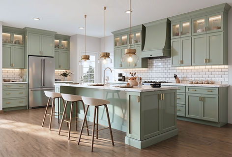 Looking for Trendy Sage Green Cabinets These Green / Grey Quick Ship Kitchen Cabinets are In-Stock and Can Leave the Warehouse in About 3 Days. These Quality All Wood Cabinets have Soft Close Features, Matching Cabinet Sides, Dovetail Drawers, and Ship RTA (Ready-to-Assemble) to Expedite Your Cabinet Project.