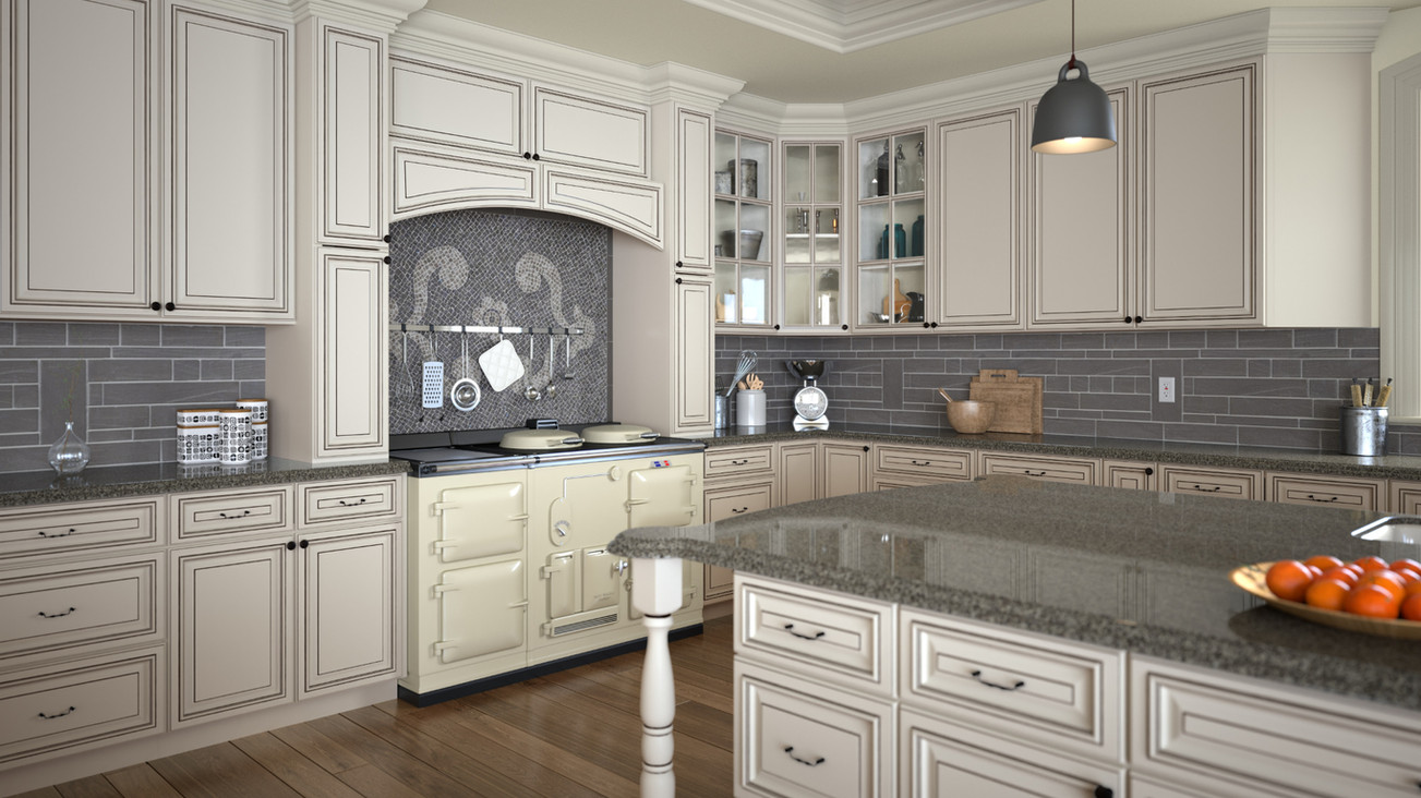 Large Traditional Kitchen with Designer Vanilla Glaze Assembled Cabinets.