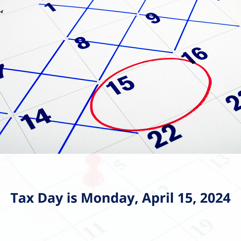 A picture of a calendar with dates crossed out in blue and the 15th date circled in red with the text "Tax Day is Monday, April 15, 2024."