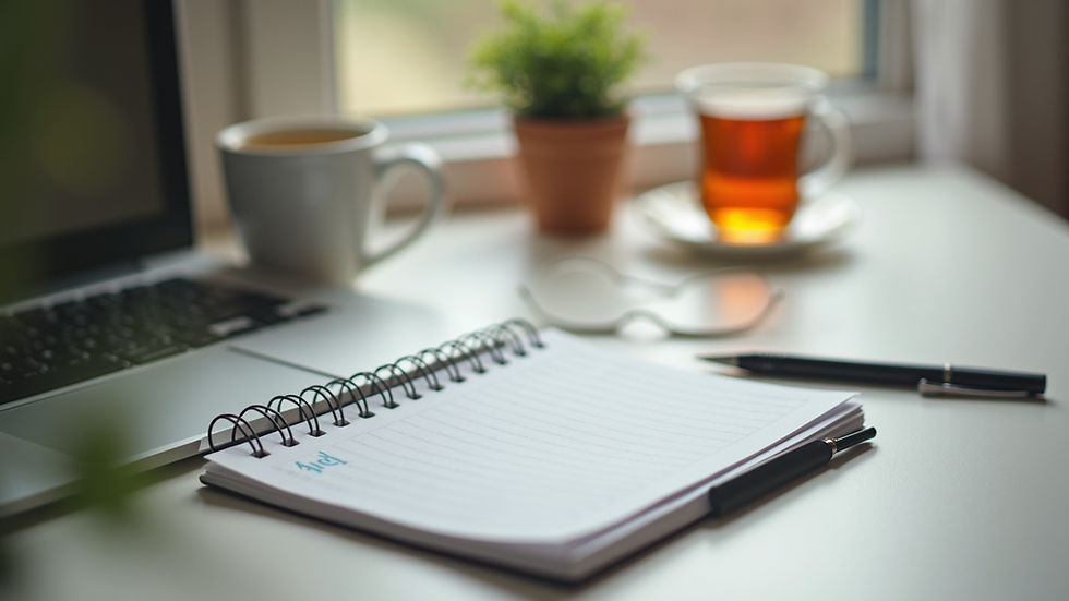 Close-up view of a desk with a notebook, pen, and a cup of tea, symbolizing mental health support