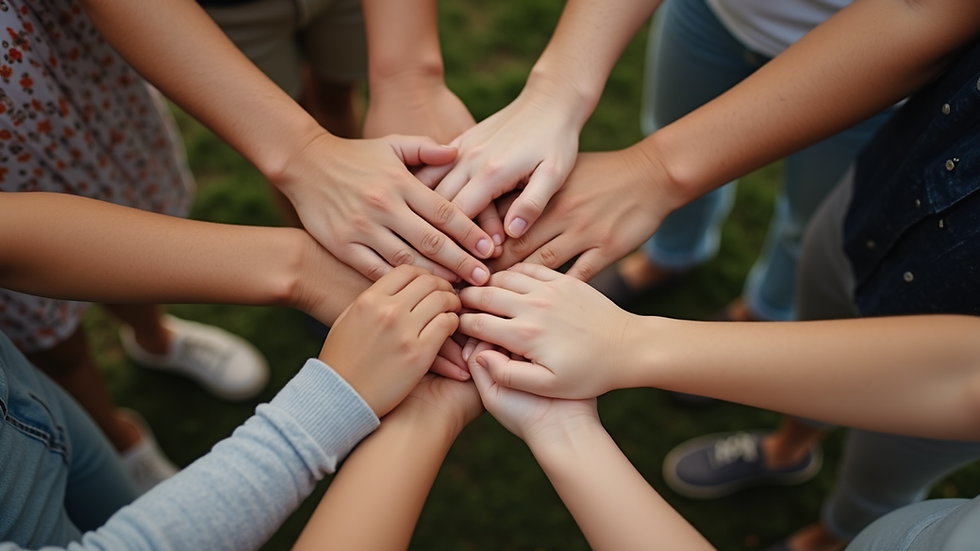 High angle view of a family holding hands in a circle, symbolizing unity and support