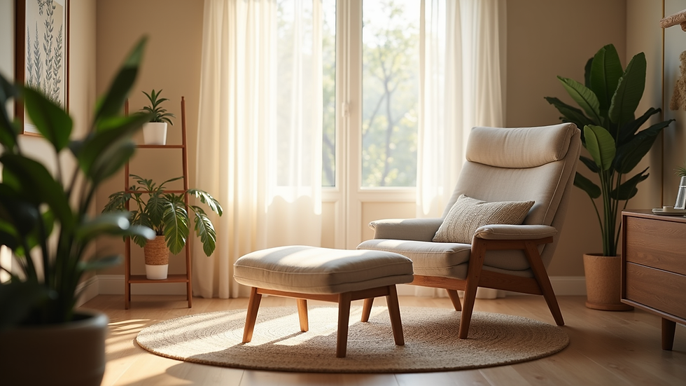 Eye-level view of a cozy therapy room with a comfortable chair and soft lighting