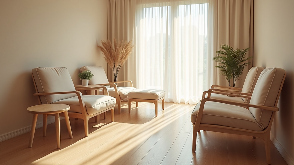 High angle view of a calm therapy room with comfortable chairs and soft lighting