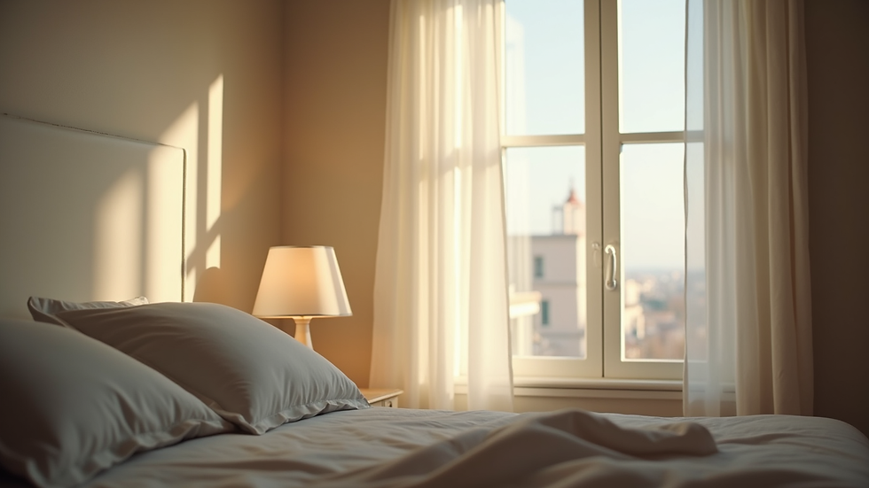 High angle view of a calm bedroom with soft natural light and a bedside lamp