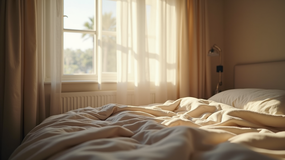 Eye-level view of a cozy bedroom with soft lighting and a neatly made bed