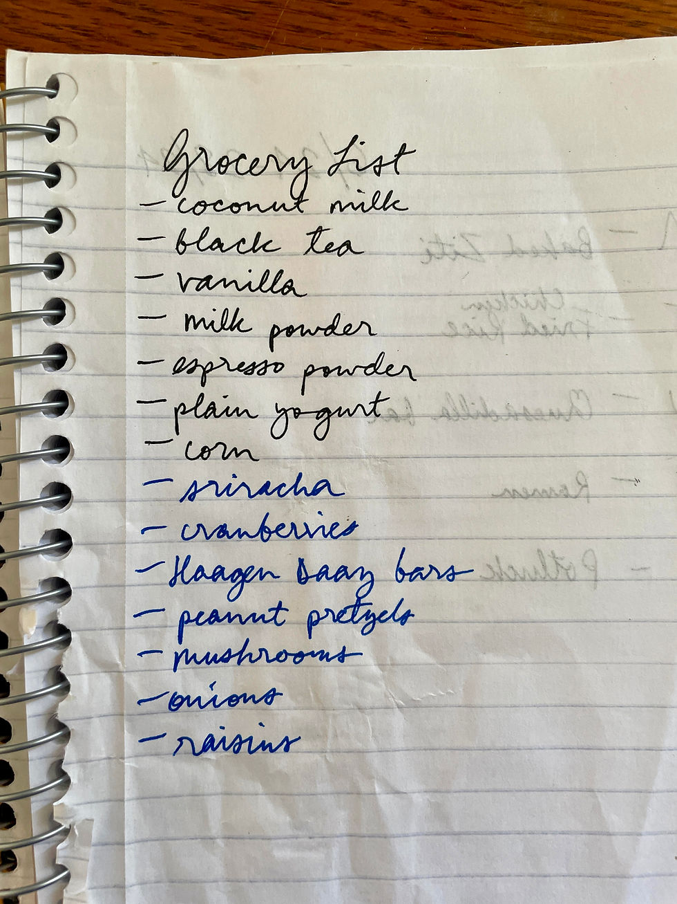 Jordan's partial grocery list. The guys requested ingredients to make an experimental "double latte" - adding powdered espresso and milk to their espresso and milk!