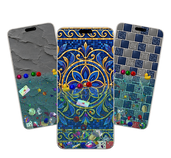 Three Water Shaker 3D previews showing slate, pool tile, and mosaic background options.