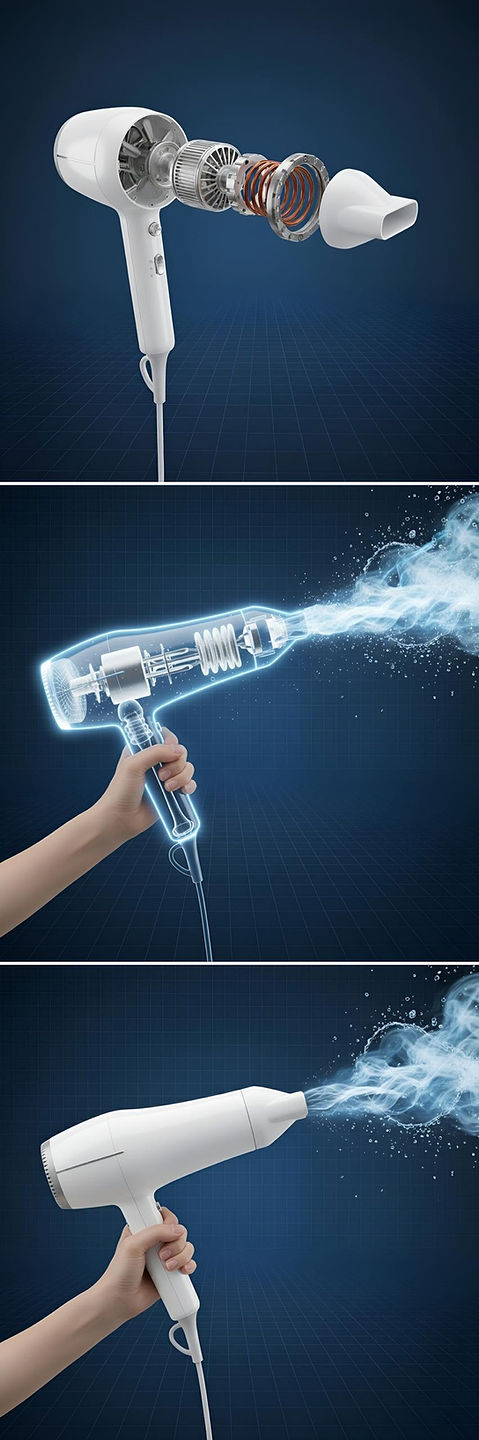 Hair dryer internal components and airflow, CGI cutaway render.