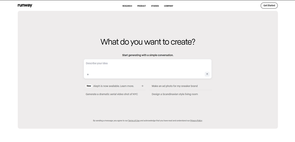 Runway webpage showing "What do you want to create?" text box for ideas. Options like generating video and designing rooms are listed below.