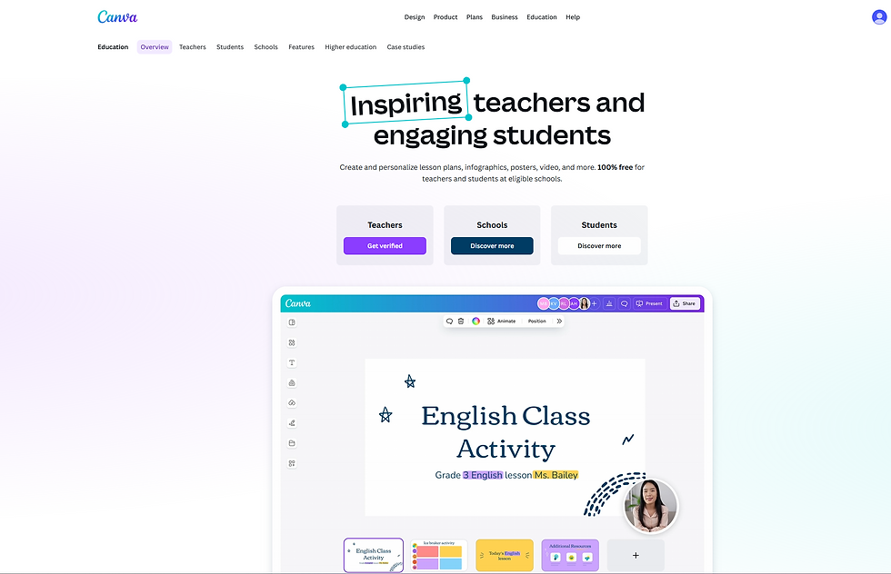 Canva education page showing "Inspiring teachers and engaging students" with a screenshot of an English Class Activity lesson design.