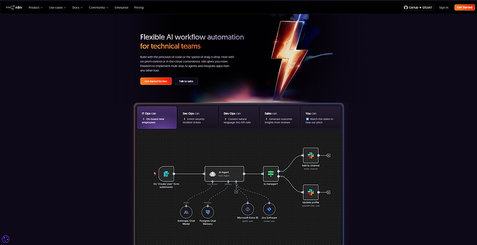 Website interface showcasing AI workflow automation for technical teams. Features flowchart, lightning graphic, and options to get started. Dark theme.