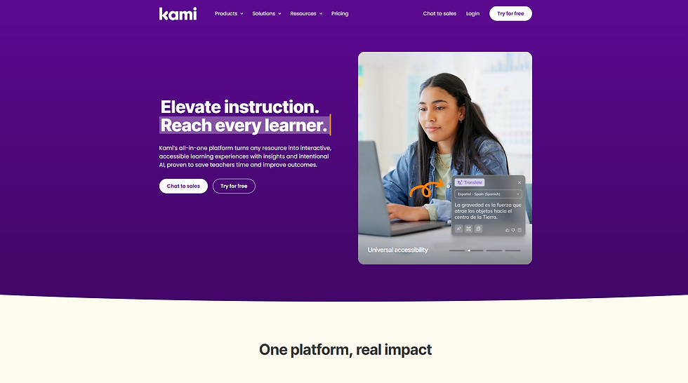Woman using a laptop with translation tool active. Purple background with text: "Elevate instruction. Reach every learner."