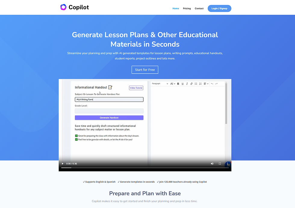 AI educational tool interface with blue background. Text: "Generate Lesson Plans in Seconds" and "Start for Free." Form options visible below.