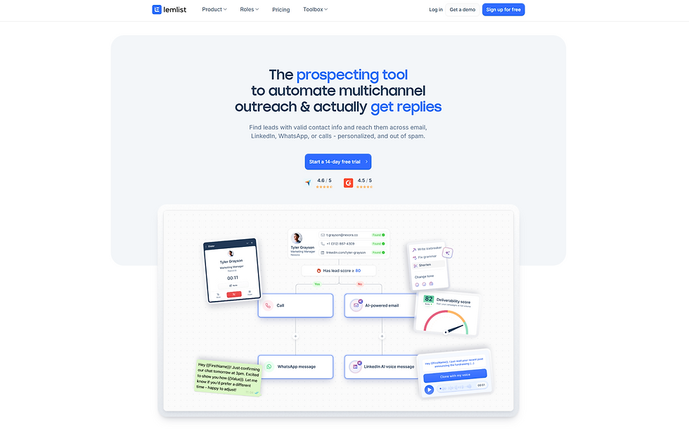 Website showcasing a prospecting tool for multichannel outreach. Features a flowchart with messages, contact info, and a deliverability score.