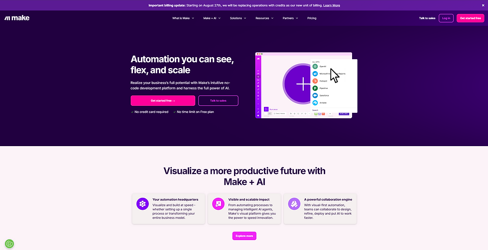 Purple-themed webpage promoting "Make + AI" with automation tools, text, icons, and "Get started free" button; modern and tech-focused.