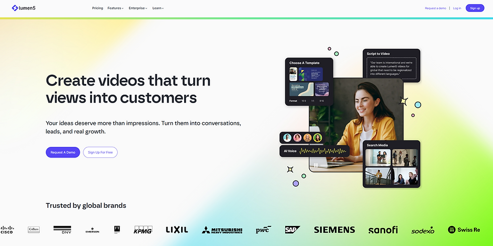 Woman smiling at laptop with video elements. Text: "Create videos that turn views into customers." Logos of global brands below.