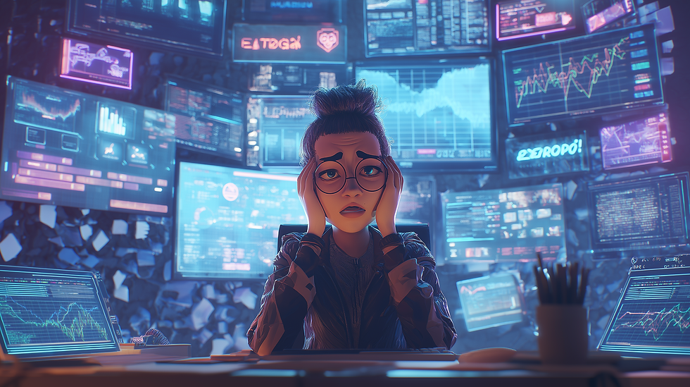 A worried person with glasses sits at a desk, surrounded by screens displaying charts and graphs, conveying a tense atmosphere.