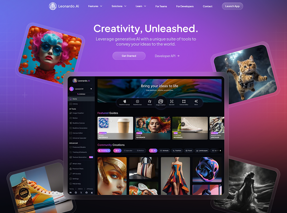 Purple-themed interface with Leonardo.Ai logo, featuring AI tools and artwork. Text reads: "Creativity, Unleashed." Images of a woman, cat, and sneaker.